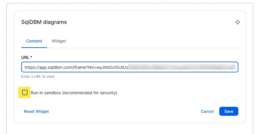 Configuration widget for embedding a SqlDBM